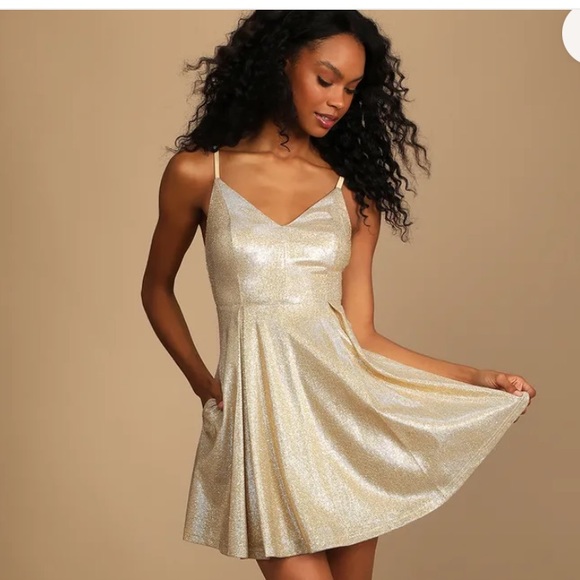 GUC Lulu’s lookout weekend sparkly gold skater dress with pockets size XL - Picture 1 of 14